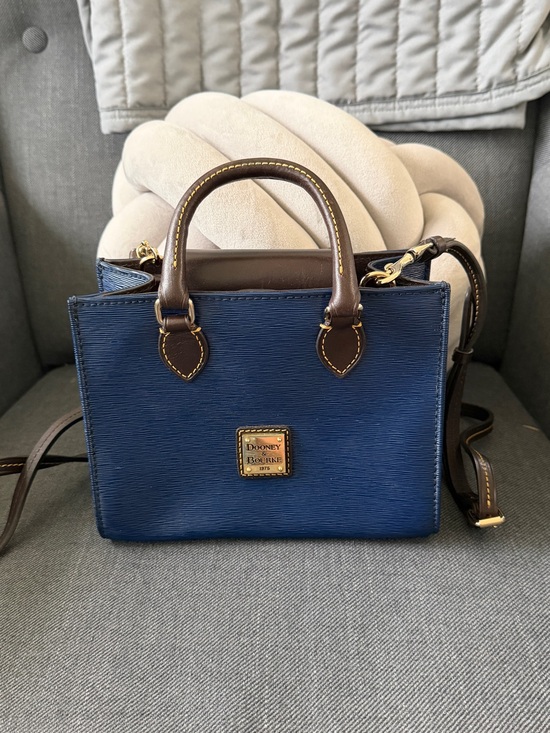 Dooney & Bourke Handbags - Dooney & Bourke Navy Blue Mini Saffiano Satchel with Brown Trim